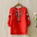 Blusa da donna con ricami ornamentali per la natura e le escursioni Maniche ampie con orlo arricciato e volant Colletto rotondo Cotone e lino 2