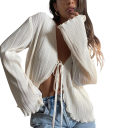 Blusa da donna con scollatura profonda e legatura Blusa leggera con maniche lunghe Top plissettato Stile estivo elegante e arioso 4