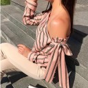 Blusa da donna con spalla scoperta e grande fiocco Taglio asimmetrico Righe oblique Maniche lunghe con polsino Materiale poliestere 4