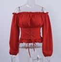 Blusa da donna con spalle scoperte e corsetto allacciato in vita Maniche lunghe a sbuffo Volant sul bordo inferiore Seta artificiale 3