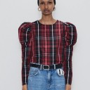 Blusa da donna con spalle voluminose e maniche lunghe Motivo a quadri in rosso e nero con linee bianche Collo rotondo Poliestere 4