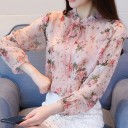 Blusa da donna con stampa floreale e fiori cuciti Colletto a volant con fiocco Maniche lunghe trasparenti con volant Poliestere e spandex 3