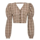 Blusa da donna corta a quadretti con schiena aperta e fiocco Maniche lunghe voluminose Scollo a V Bottoni marroni Poliestere e cotone 1