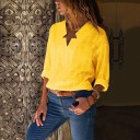 Blusa de algodão feminina com decote em V e colarinho Mangas longas Corte solto e informal Parte de trás alongada 4