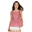 Blusa de algodão sem mangas para senhora com padrão xadrez Volantes nas alças Franzida na cintura Costas à mostra com botões Blusa 4