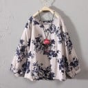 Blusa de algodón para mujer con estampado floral Corte holgado y cómodo Mangas anchas fruncidas en los puños Cuello redondo Agradable al tacto 2