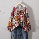 Blusa de algodón para mujer con estampado floral Corte holgado y cómodo Mangas anchas fruncidas en los puños Cuello redondo Agradable al tacto 6