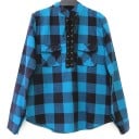 Blusa de cuadros para mujer con manga larga Corte más suelto Cordones en el escote Dos bolsillos en el pecho con solapa Cuello mao Mezcla 3