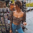 Blusa de leopardo para mujer de corte corto Mangas largas y abullonadas Escote en forma de corazón con centro fruncido Tejido 4