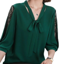 Blusa de mujer con encaje en las mangas Manga tres cuartos Escote en O Lazo en el escote Blusa elegante de poliéster en un solo color 6
