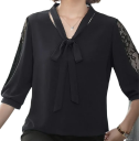 Blusa de mujer con encaje en las mangas Manga tres cuartos Escote en O Lazo en el escote Blusa elegante de poliéster en un solo color 2