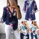 Blusa de mujer con estampado vegetal y escote en V Mangas largas con opción de arremangar Dobladillo redondeado Poliéster Para pantalones de tiro 6