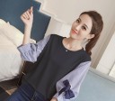 Blusa de mujer con mangas a rayas y lazos Unicolor con escote redondo Algodón con mezcla de poliéster Estilo marinero 2