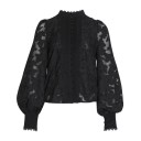 Blusa de mujer con mangas abullonadas y cuello alzado Tejido estampado ligeramente transparente Botones perlados y bordes decorativos Algodón 2