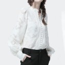 Blusa de mujer con mangas abullonadas y cuello alzado Tejido estampado ligeramente transparente Botones perlados y bordes decorativos Algodón 3