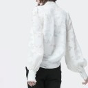 Blusa de mujer con mangas abullonadas y cuello alzado Tejido estampado ligeramente transparente Botones perlados y bordes decorativos Algodón 6
