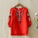 Blusa de mujer con parches ornamentales para la naturaleza y excursiones Mangas holgadas con borde fruncido y volante Escote redondo Algodón 2