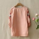 Blusa de mujer con parches ornamentales para la naturaleza y excursiones Mangas holgadas con borde fruncido y volante Escote redondo Algodón 4