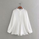 Blusa de mujer plisada con manga larga abullonada Cuello alto Cierre de botones Corte clásico más holgado Material agradable poliamida 1