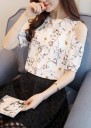Blusa de verano elegante para mujer con estampado floral y hombros descubiertos Manga corta Escote redondo Poliéster suave con spandex 7