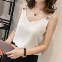 Blusa de verão feminina sem mangas Corte de top com decote em V pequeno Alças de duas tiras com anel decorativo Poliester 6