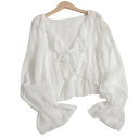 Blusa Donna Scollo a V Manica Lunga Semi-Trasparente Taglio Ampio Arricciatura Chiusura con Laccetti Monocromatica 5