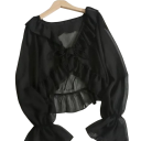 Blusa Donna Scollo a V Manica Lunga Semi-Trasparente Taglio Ampio Arricciatura Chiusura con Laccetti Monocromatica 4