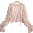 Blusa Donna Scollo a V Manica Lunga Semi-Trasparente Taglio Ampio Arricciatura Chiusura con Laccetti Monocromatica 2