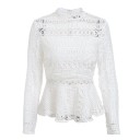 Blusa elegante da donna in pizzo con maniche lunghe e colletto alto Vita aderente con volant allargato Zip sul retro Cotone e poliestere 1