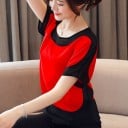 Blusa elegante de mujer con mangas cortas y partes negras en contraste Cuello redondo Poliéster con spandex Para entrevistas y fiestas 5