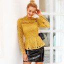 Blusa elegante de renda para senhora com mangas longas e colarinho Cintura ajustada com babado alargado Zíper nas costas Algodão 3