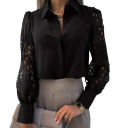 Blusa elegante feminina com mangas longas em renda Decoração transparente Decote em V Gola de camisa Top estiloso para o trabalho e eventos sociais 1