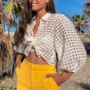 Blusa estiva bianca trasparente da donna con colletto e maniche a palloncino a tre quarti Motivo floreale piccolo Chiusura con bottoni Poliestere 2