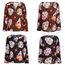 Blusa feminina com estampado de crânios decorados e flores coloridas Mangas longas e soltas Decote em V Corte mais solto Material chiffon 7