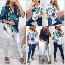 Blusa feminina com estampado vegetal e decote em V Mangas longas com possibilidade de dobrar Barra arredondada Poliester Para calças de cintura 7