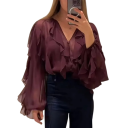 Blusa feminina com folhos e mangas longas Blusa de chiffon elegante Decote em V Material arejado Estilo social e casual 2