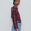Blusa feminina com mangas volumosas e mangas longas Padrão xadrez em vermelho e preto com riscas brancas Decote redondo Poliéster 5