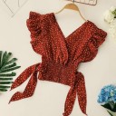 Blusa feminina com padrão de bolinhas e corte envolvente com decote em V Mangas curtas com volantes Laço na cintura Cintura franzida Corte 3