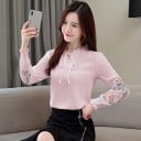 Blusa feminina com padrão floral nas mangas Colarinho de babados com laço no pescoço Manga longa com punho franzido Poliéstere e acetato 7