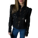 Blusa feminina com rendas Fecho de botões Manga longa Blusa elegante de cor sólida adequada para o trabalho e uso diário 3