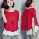 Blusa feminina de manga curta com camada inferior branca Botões e abertura nas costas Decote redondo Poliéster com algodão e spandex 6