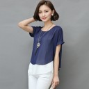 Blusa feminina de manga curta com camada inferior branca Botões e abertura nas costas Decote redondo Poliéster com algodão e spandex 7