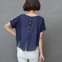 Blusa feminina de manga curta com camada inferior branca Botões e abertura nas costas Decote redondo Poliéster com algodão e spandex 9