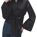 Blusa feminina de manga longa com punhos largos Corte cruzado Cinto autoajustável Top elegante para estilo diário e formal 2