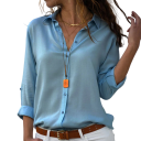 Blusa feminina de manga longa Corte solto Fecho com botões Decote em V Camisa casual elegante para o dia a dia e para o trabalho 3