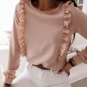 Blusa feminina de mangas longas com volantes verticais à frente e atrás Linha de botões nas costas Decote redondo Poliester e algodão 5