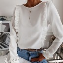 Blusa feminina de mangas longas com volantes verticais à frente e atrás Linha de botões nas costas Decote redondo Poliester e algodão 6