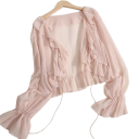 Blusa Feminina Decote em V Manga Longa Semi-Transparente Corte Solto Franzido Com Corda de Ajuste Lisa 1