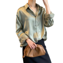 Blusa feminina elegante em seda suave com mangas longas Camisa solta com colarinho Top estiloso com botões para o trabalho e para a noite 3