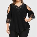 Blusa feminina plus size com aplicação de renda no decote em V Ombros descobertos com tiras cruzadas Mangas com renda Abertura 2